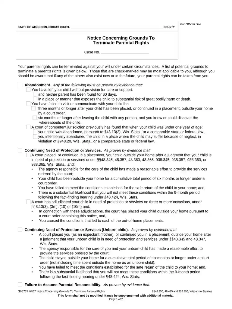 wisconsin termination of parental rights forms Preview on Page 1