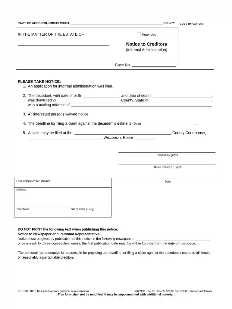 notice creditors Preview on Page 1