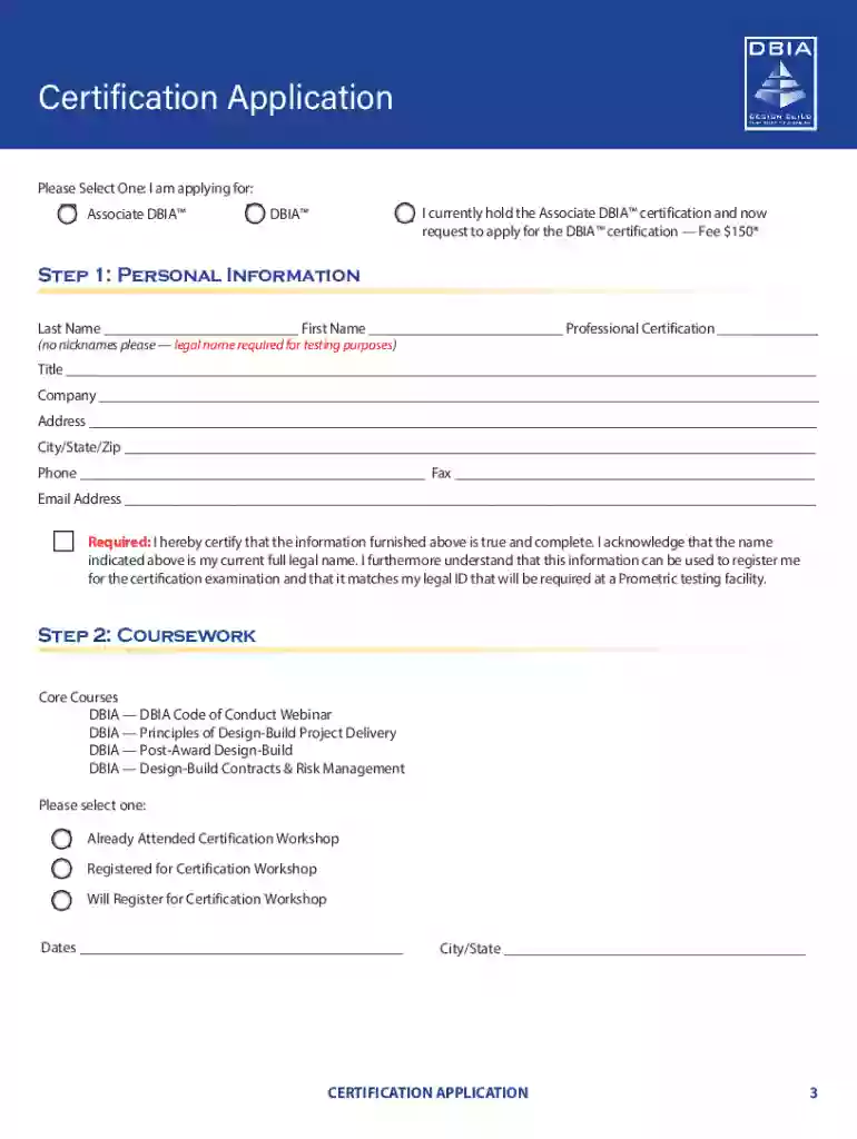 DBIA Certification Application Certification Preview on Page 1