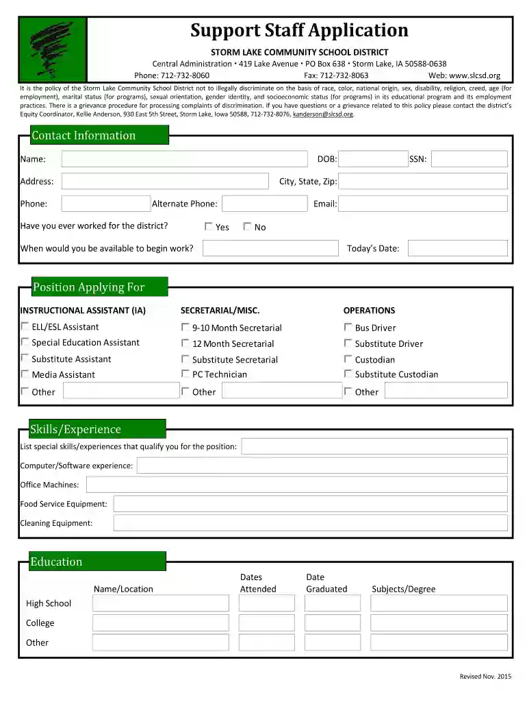 Support Staff Application - Storm Lake Community School Preview on Page 1