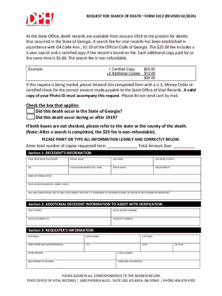 Georgia Death Record Request Form 3912 Preview on Page 1