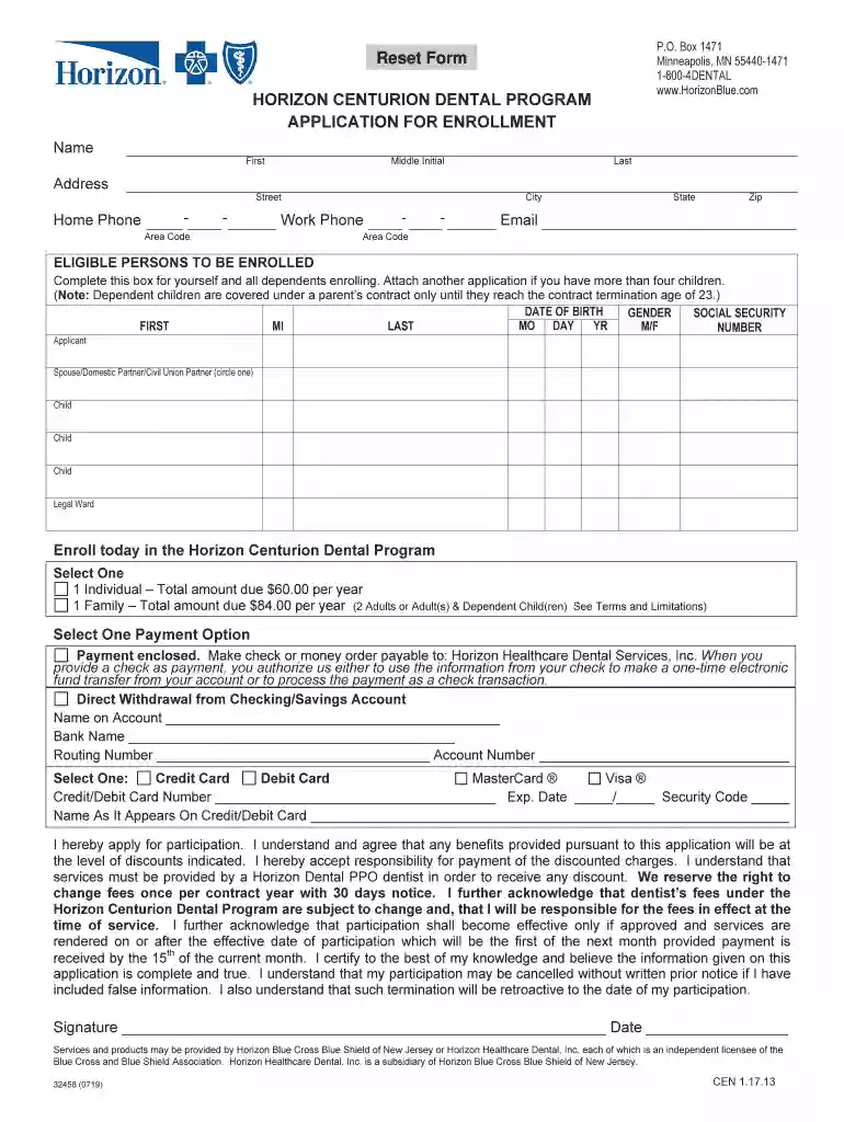 Horizon Centurion Dental Enrollment Application Preview on Page 1