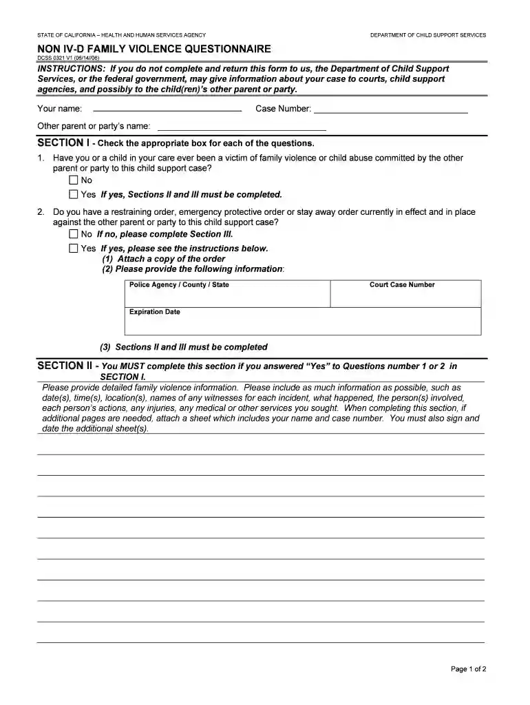 NON IV-D FAMILY VIOLENCE QUESTIONNAIRE Preview on Page 1