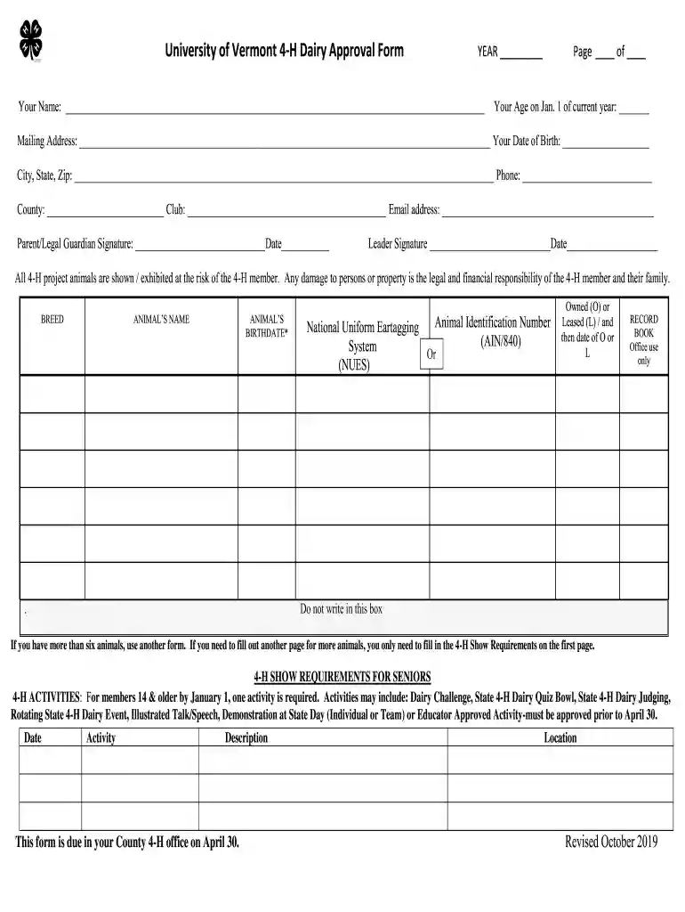 University of Vermont 4-H Swine Approval Form Preview on Page 1