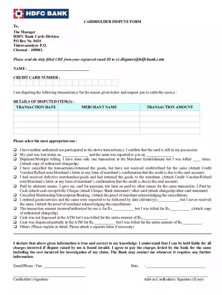 HDFC Bank Cardholder Dispute Form Preview on Page 1