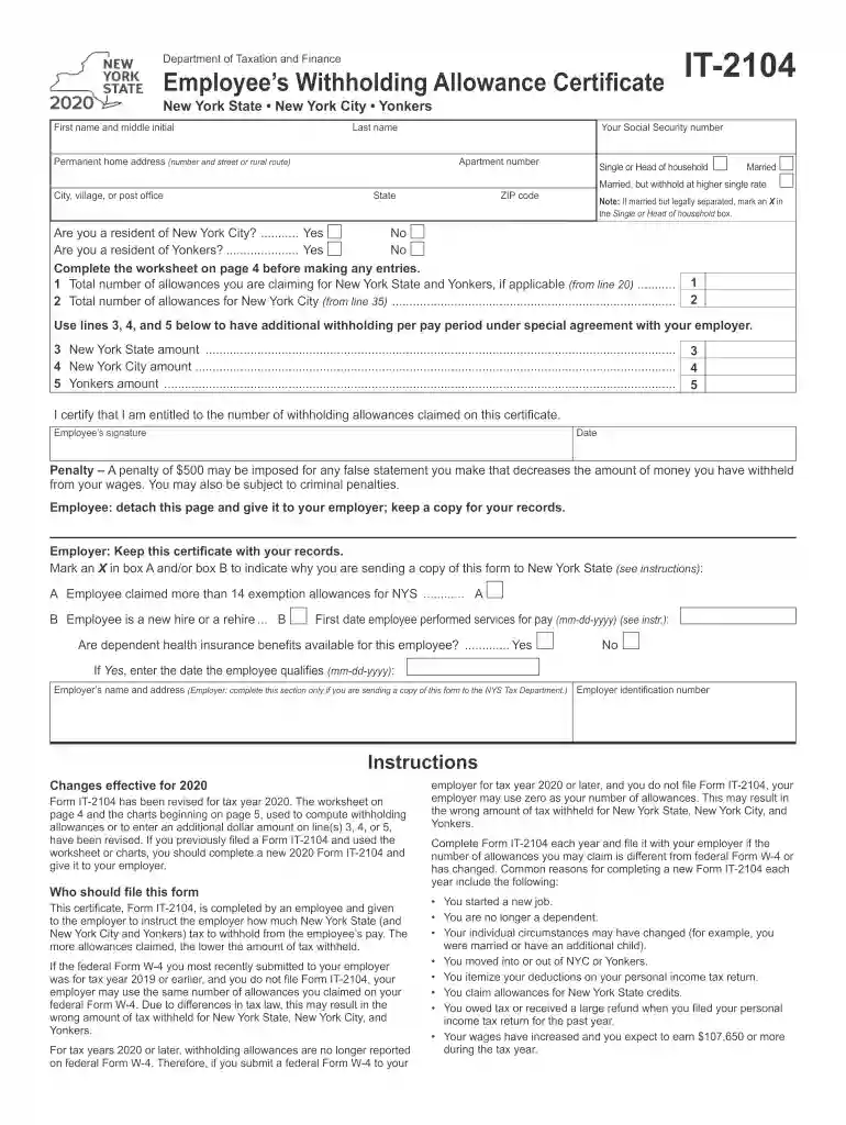New York State Department of Taxation and Finance IT-2104 Preview on Page 1