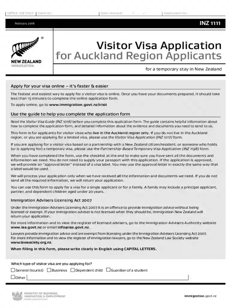 Visitor Visa Application for Auckland Region Applicants Preview on Page 1