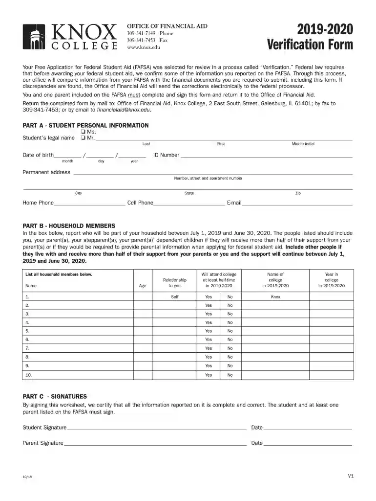 2019-2020 Verification Form - Knox College Preview on Page 1
