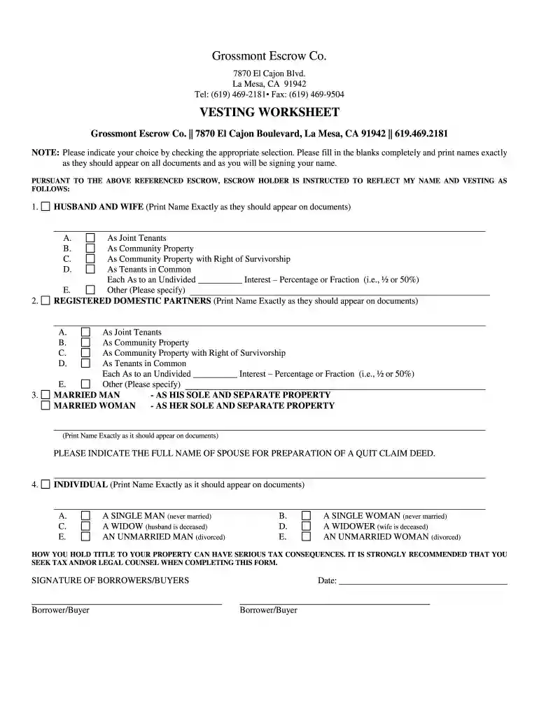 vesting worksheet Preview on Page 1