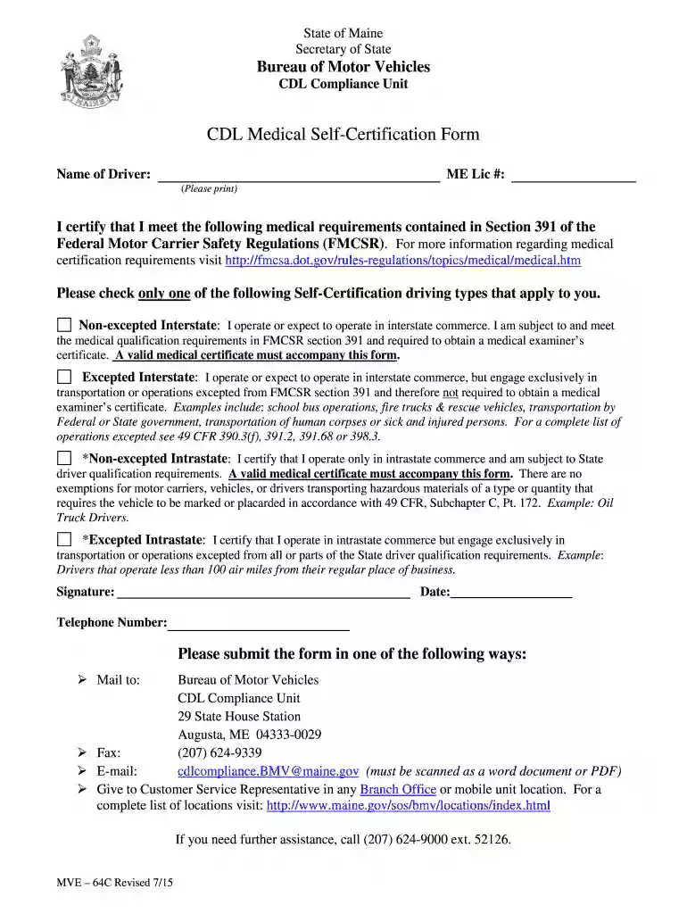maine cdl self certification form Preview on Page 1