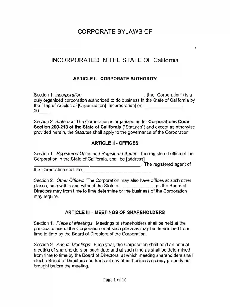 corporate bylaws template california Preview on Page 1