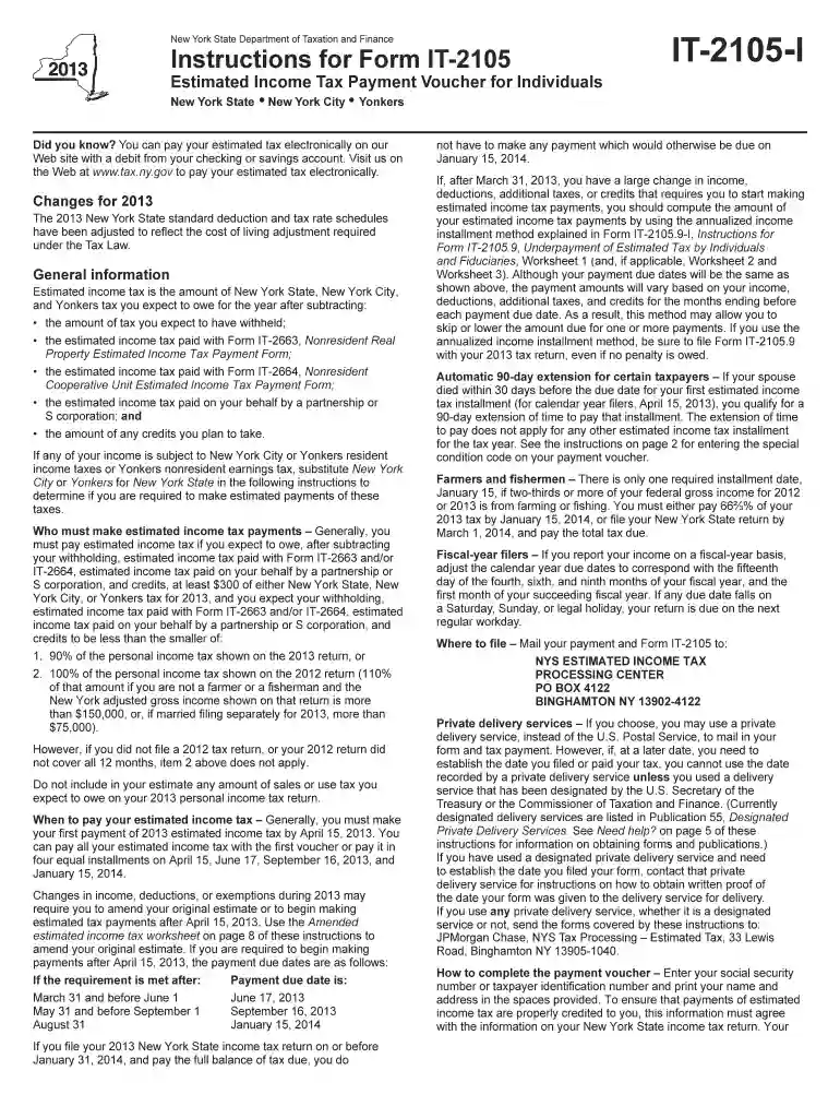 Form IT-2105-I:2013:Instructions for Form IT-2105 Estimated Income Tax Payment Voucher for Individua Preview on Page 1