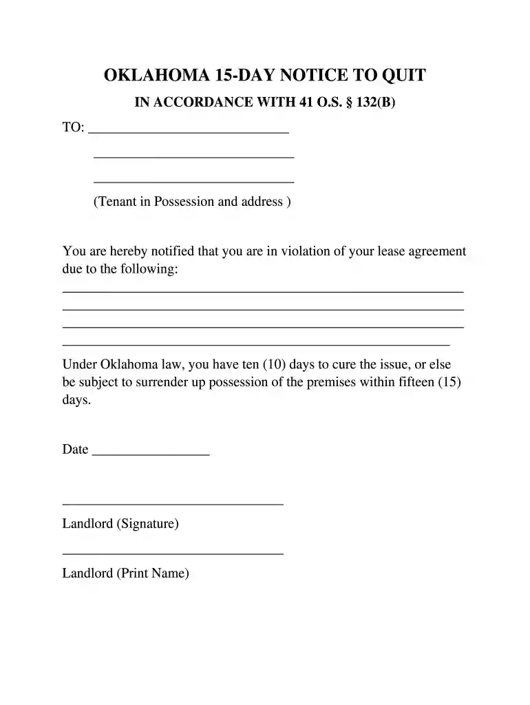 Oklahoma 10 15 Day Notice to Quit Form Non-Compliance Preview on Page 1