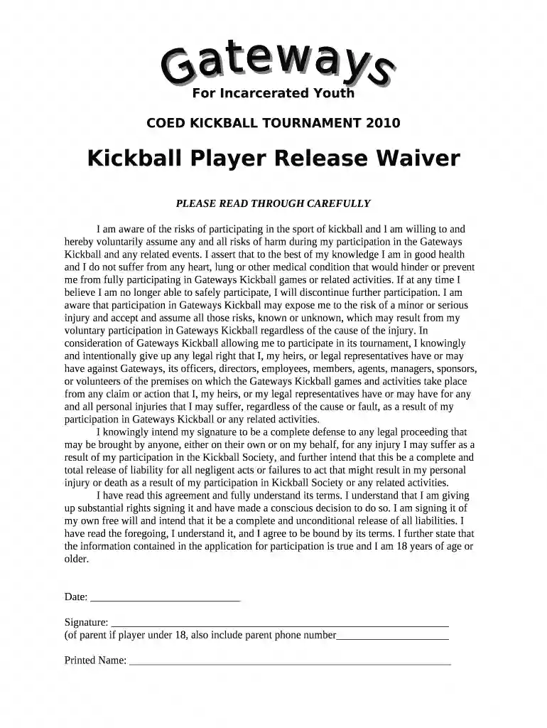 Kickball Player Release Waiver Preview on Page 1