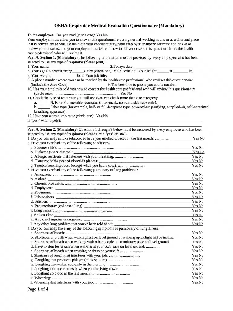 OSHA Respirator Medical Evaluation Questionnaire - Concentra Preview on Page 1