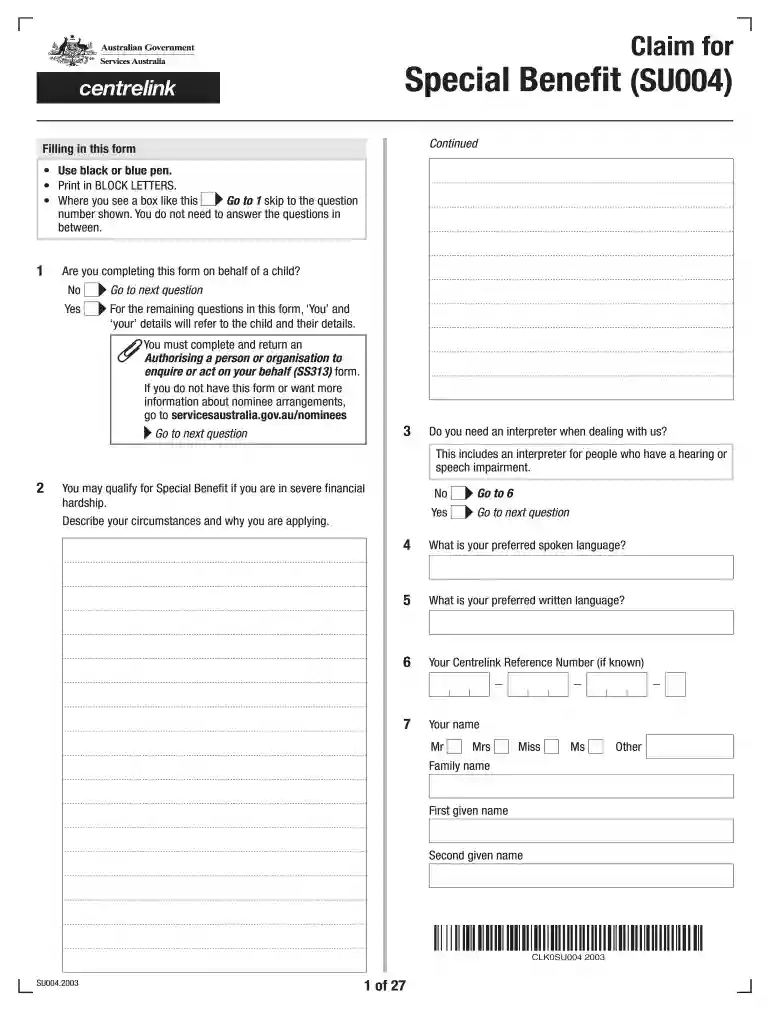 special benefit form Preview on Page 1