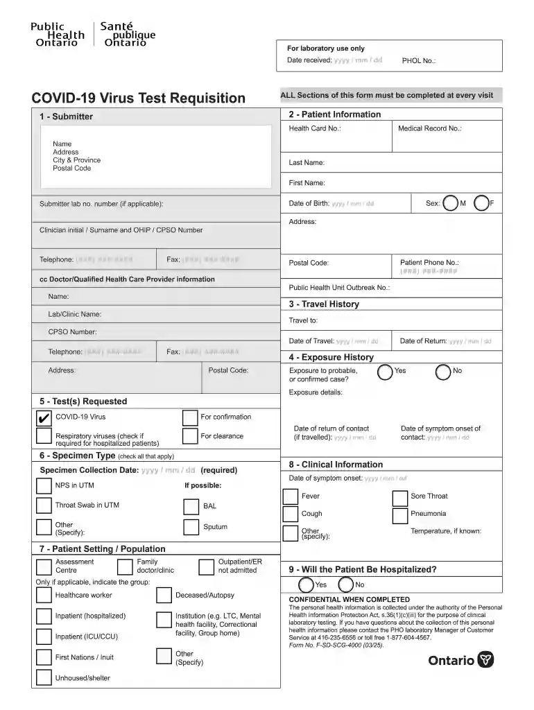 COVID-19 Virus Test Requisition Public Health Ontario - COVID-19 Virus Test Requisition Preview on Page 1