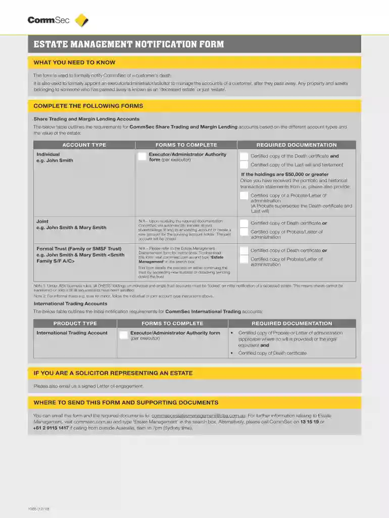 commsec estate management notification form Preview on Page 1