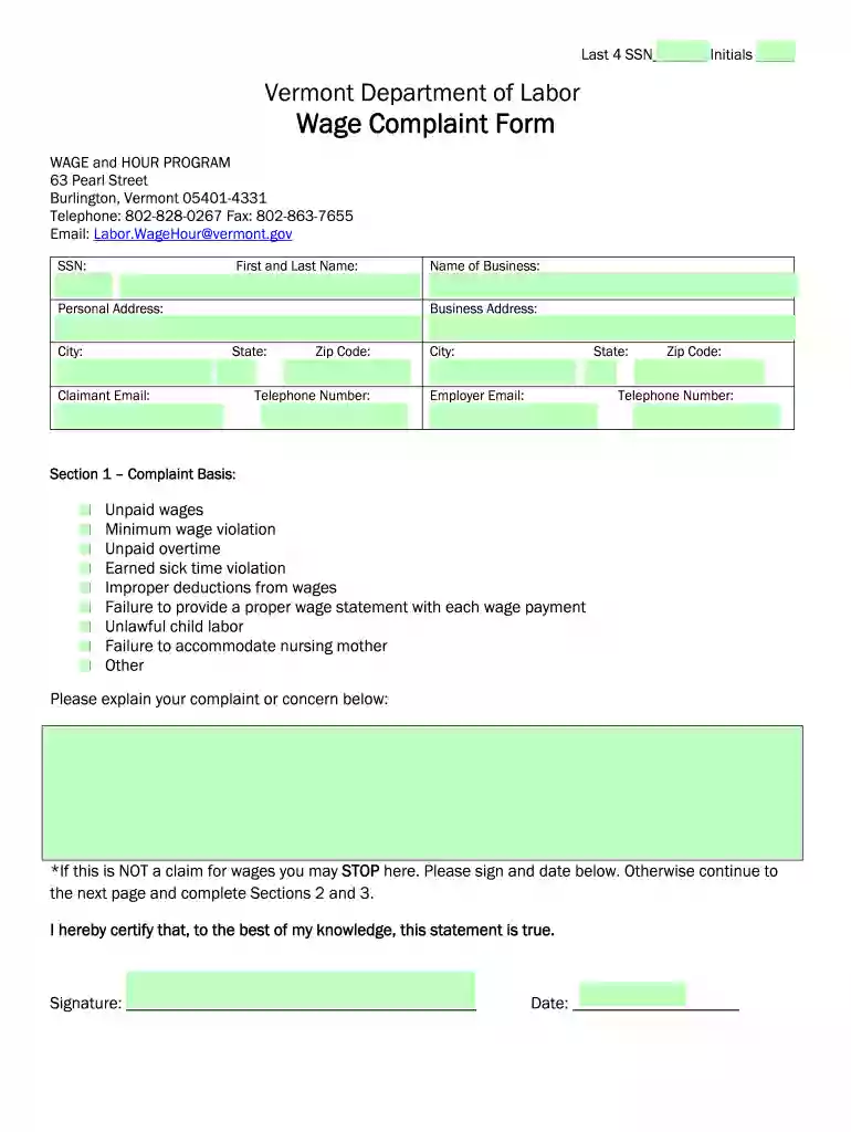 Online Wage Claim Form - Vermont Department of Labor Preview on Page 1