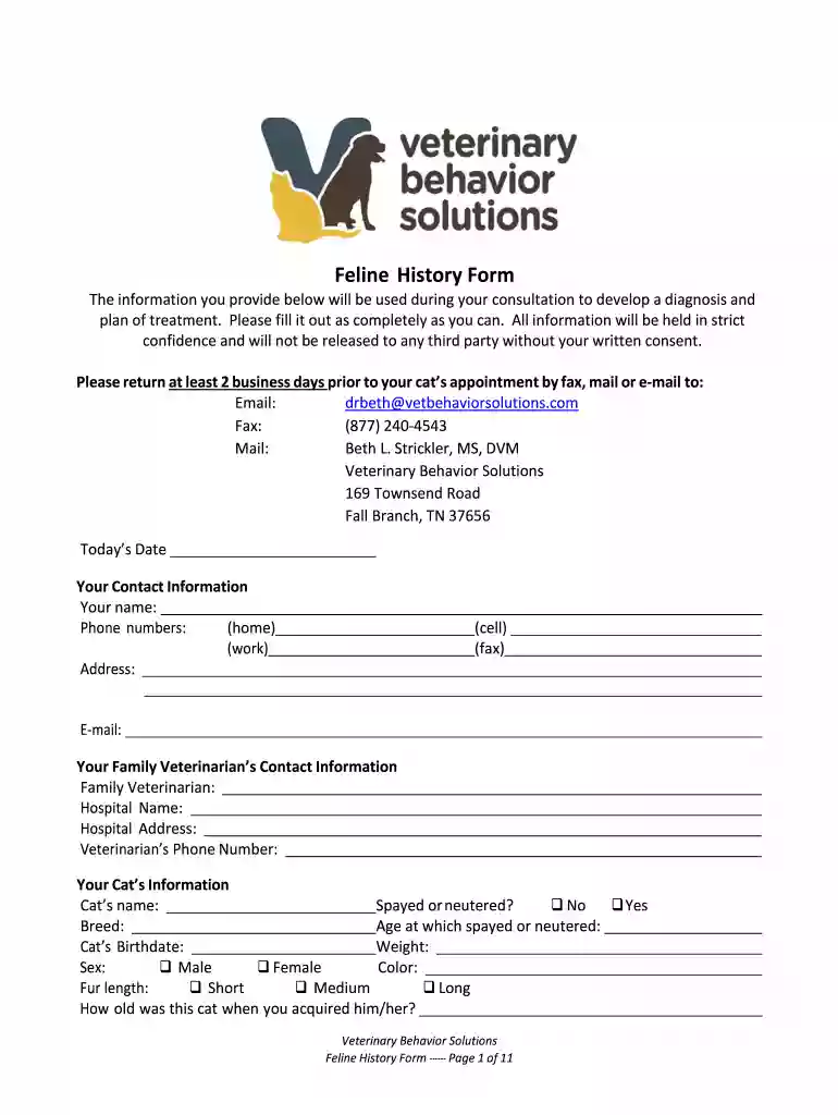 Feline Behavioral HistoryAnimal Behavior Consultants of Preview on Page 1