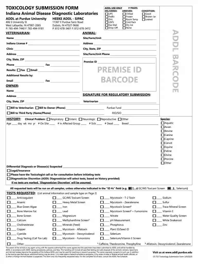 TOXICOLOGY SUBMISSION FORM Indiana Animal Disease Diagnostic Preview on Page 1