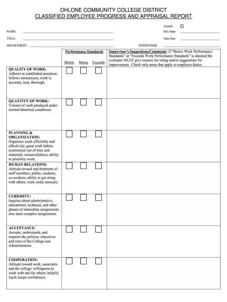 Classified Employee Progress and Appraisal Report form - Human Resources - Ohlone College Form for t Preview on Page 1