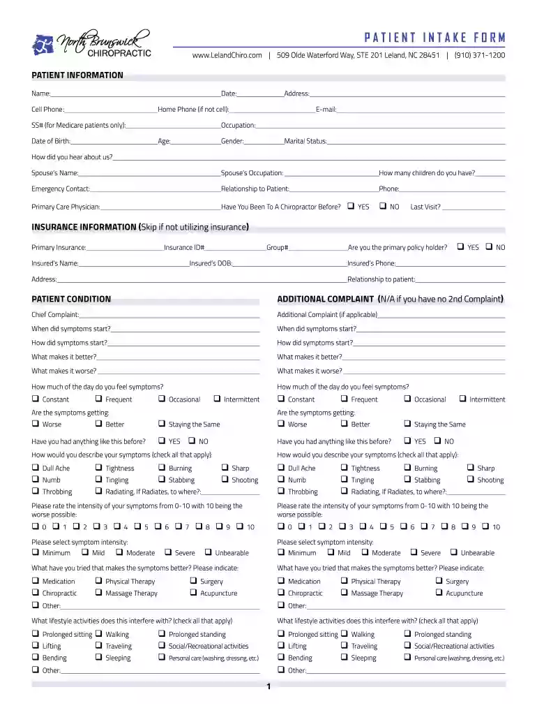 chiropractic intake form template Preview on Page 1