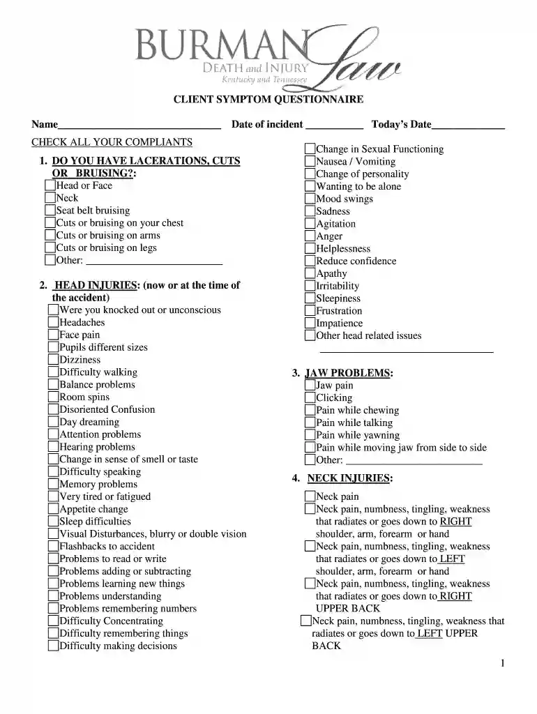CLIENT SYMPTOM QUESTIONNAIRE check boxesdoc doc Preview on Page 1