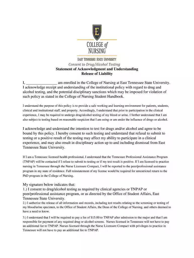 Consent to Drug Alcohol Testing Statement of Acknowledgment Preview on Page 1