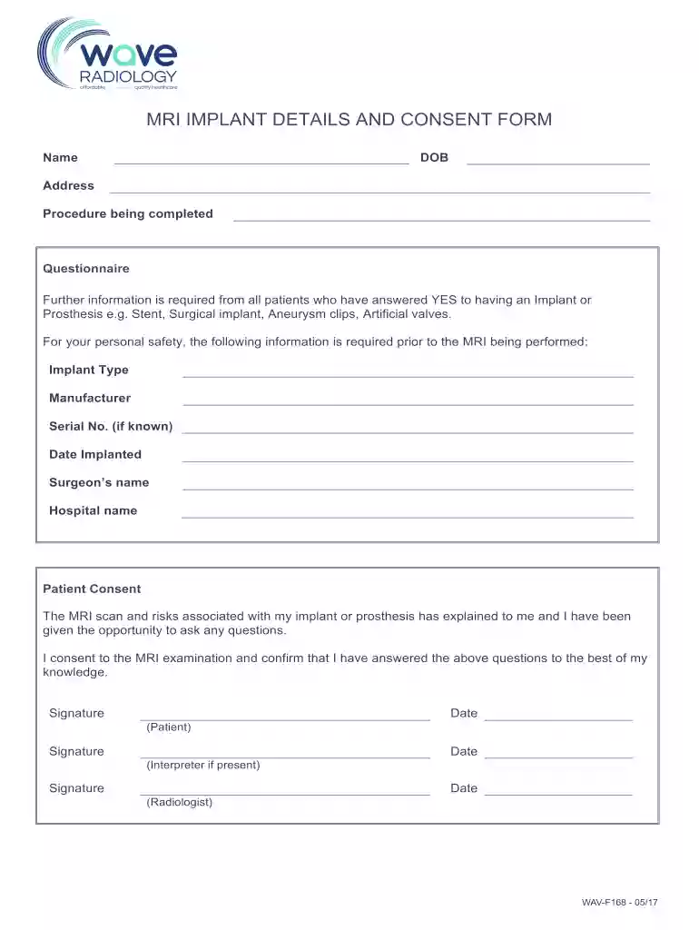 Wave Radiology MRI Implant Details And Consent Form WAV-F168 35221 Preview on Page 1
