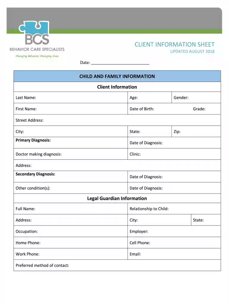 client information sheet - Behavior Care Specialists Preview on Page 1