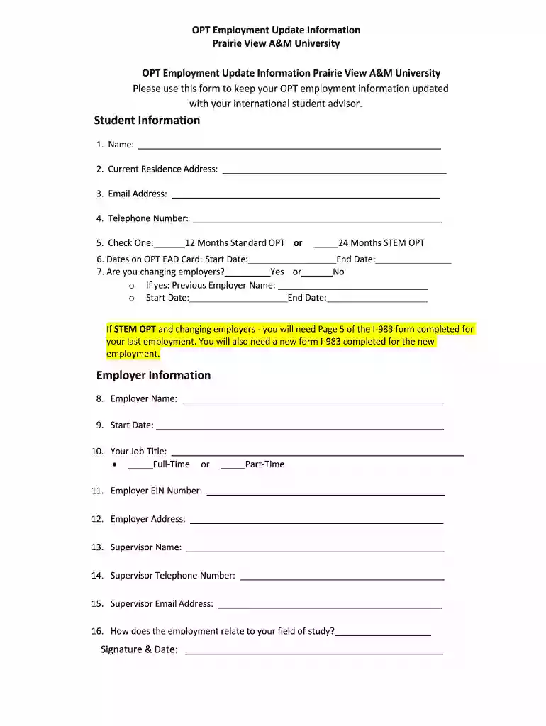 OPT Employment Update Information Preview on Page 1
