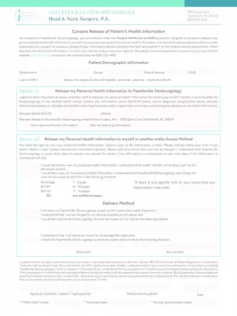 Medical Records Consent Form - Fayetteville Otolaryngology Preview on Page 1