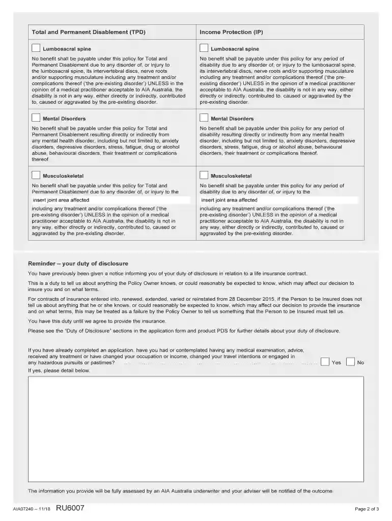 Life Insurance Pre-assessment Form White Label - AIA Australia Preview on Page 1