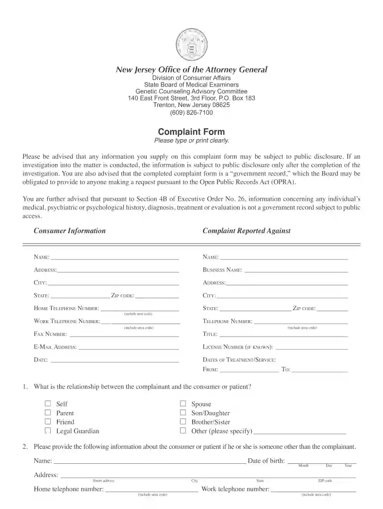 new jersey complaint form Preview on Page 1