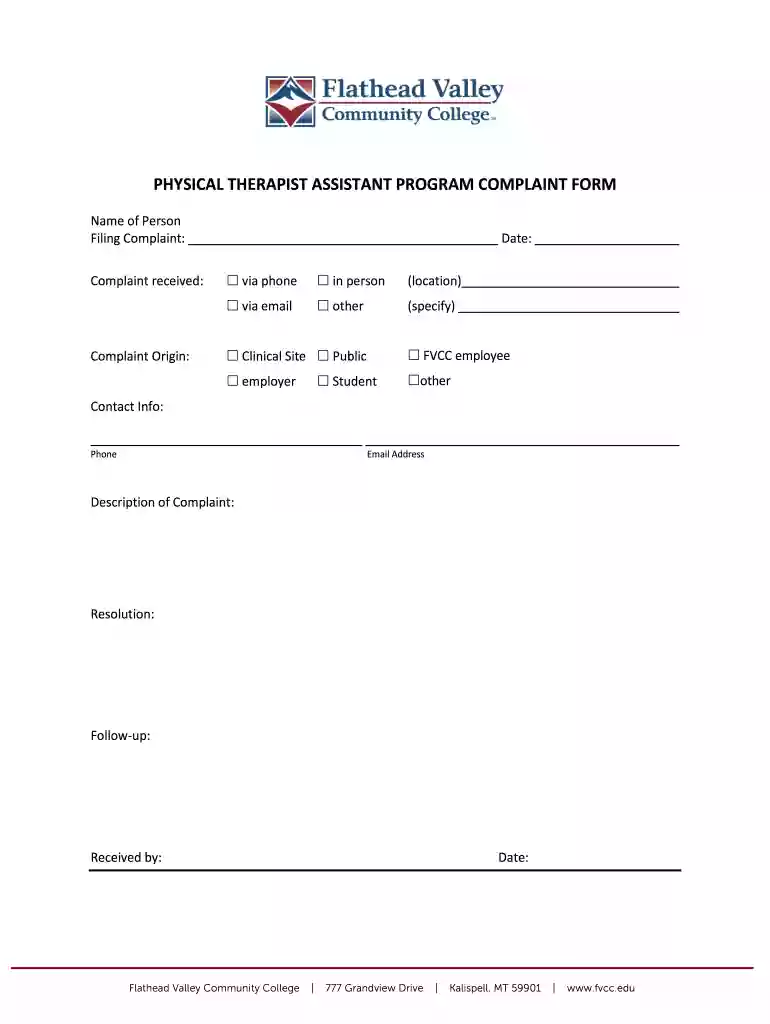 PHYSICAL THERAPIST ASSISTANT PROGRAM COMPLAINT FORM Preview on Page 1