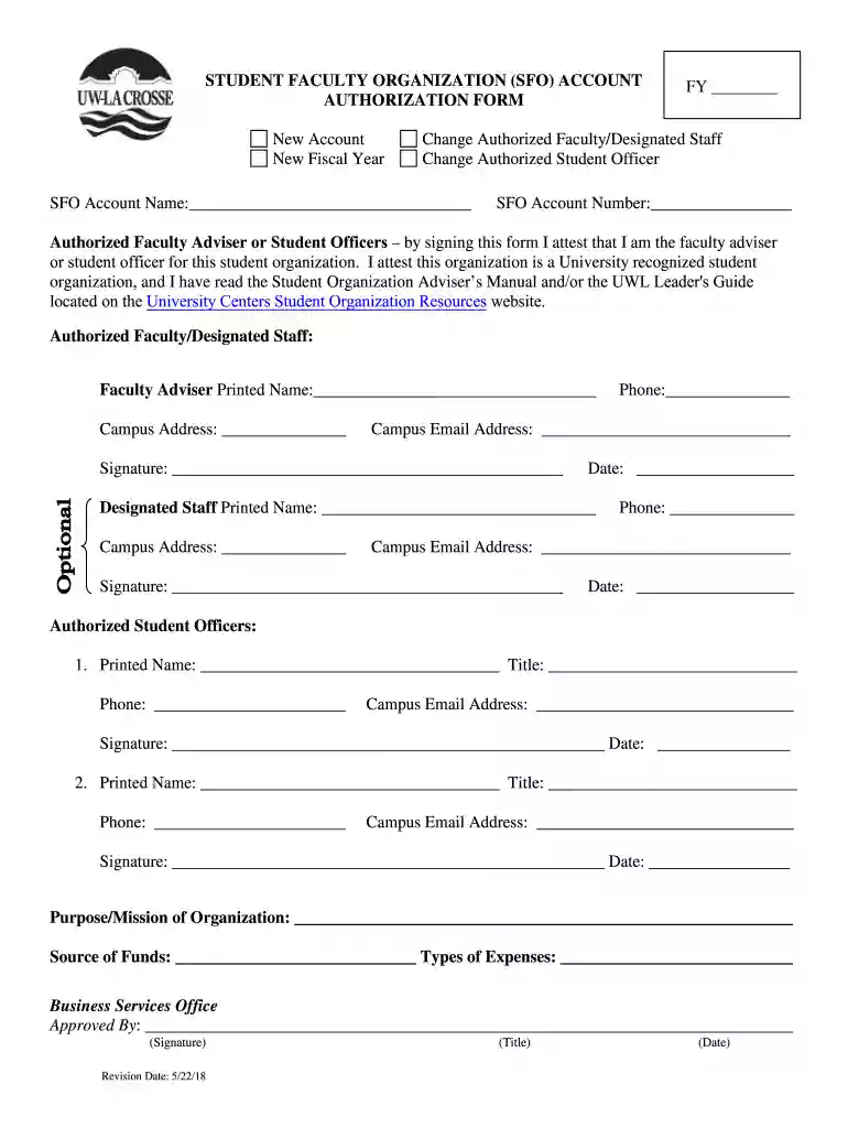 STUDENT FACULTY ORGANIZATION (SFO) ACCOUNT AUTHORIZATION FORM Preview on Page 1