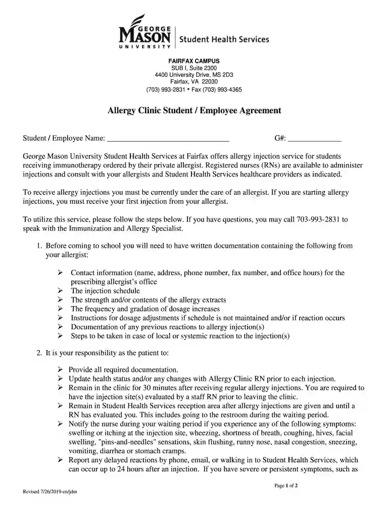 George Mason University Student Health Services Allergy Clinic Student Employee Agreement Form Preview on Page 1