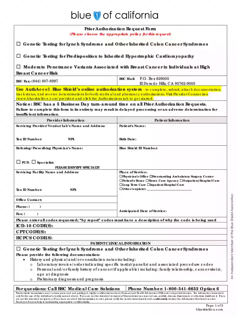 Prior Authorization Request Form Genetic Testing for Lynch Preview on Page 1