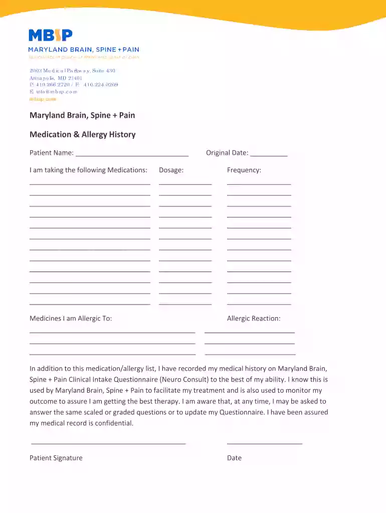 Maryland Brain, Spine + Pain Medication & Allergy History Preview on Page 1
