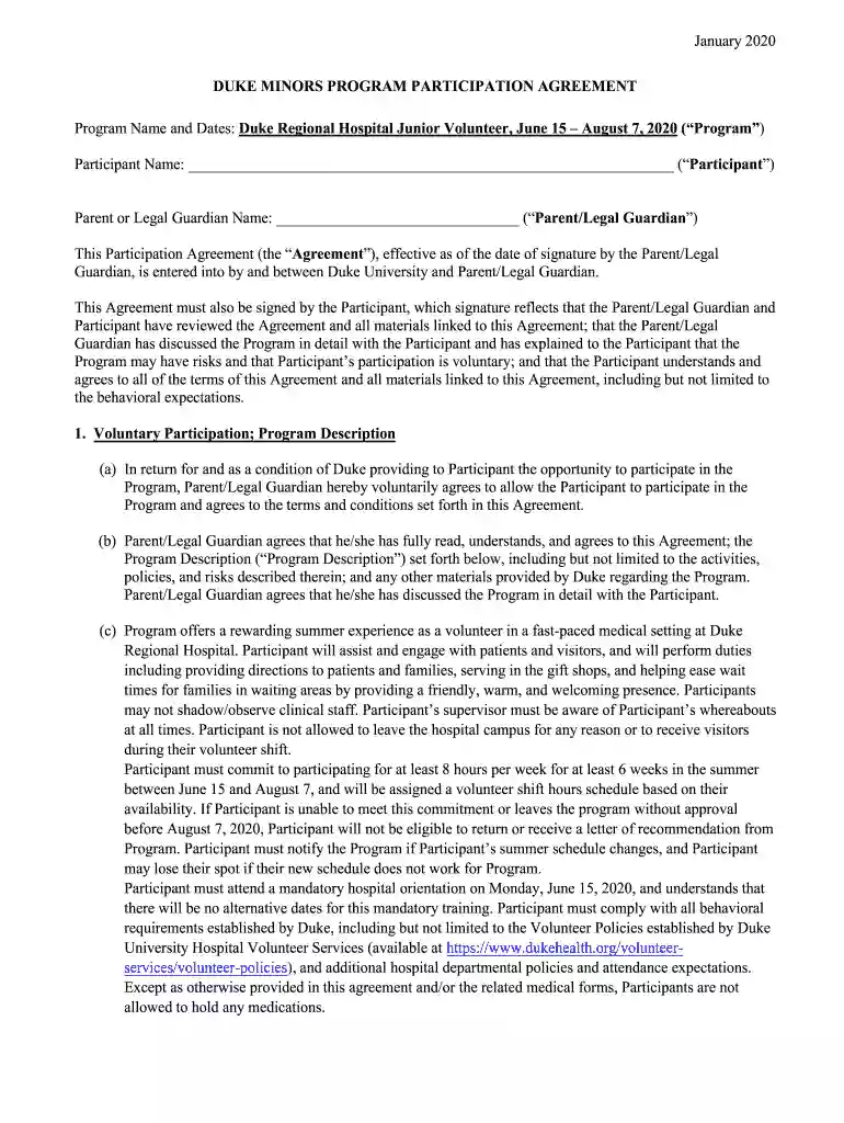Program Name and Dates: Duke Regional Hospital Junior Volunteer, June 15 August 7, 2020 (Program) Preview on Page 1