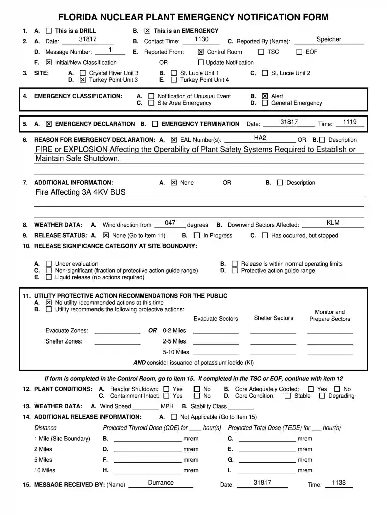 Florida Nuclear Plant Emergency Notification Form Preview on Page 1