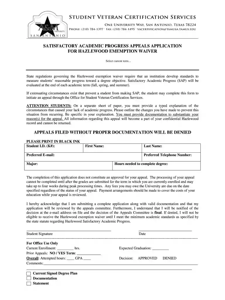 satisfactory academic progress appeals application for Preview on Page 1