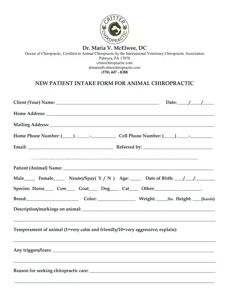 Dr. Maria V. McElwee, DC NEW PATIENT INTAKE FORM FOR ... Preview on Page 1