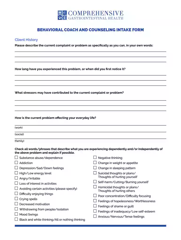 BEHAVIORAL COACH AND COUNSELING INTAKE FORM Preview on Page 1