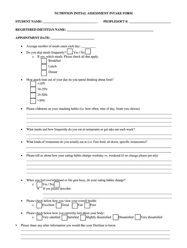 nutrition assessment form Preview on Page 1