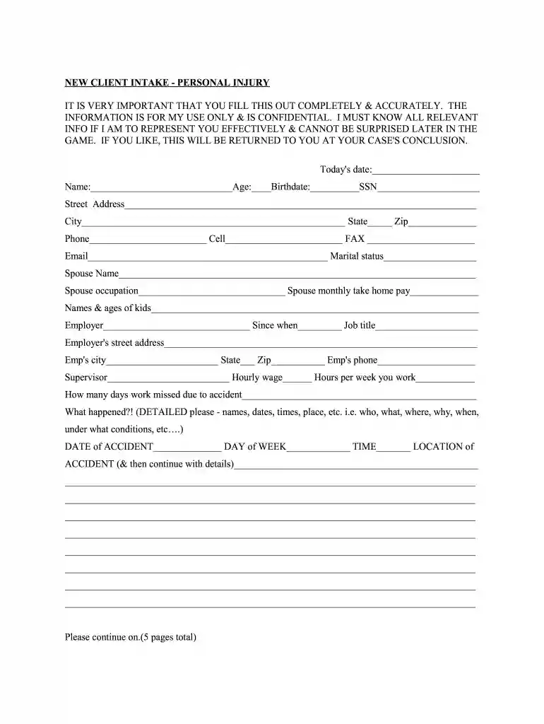 personal injury intake form template Preview on Page 1