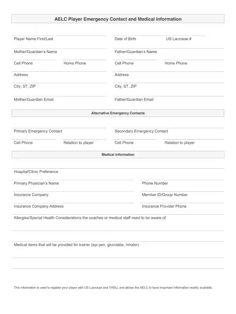 AELC Player Emergency Contact and Medical Information Preview on Page 1