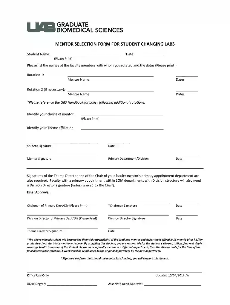 MENTOR SELECTION FORM FOR STUDENT CHANGING LABS Preview on Page 1