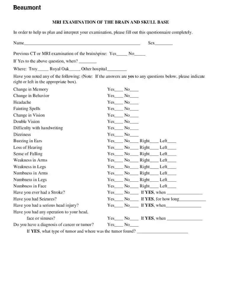 MRI Examination Questionnaire Preview on Page 1